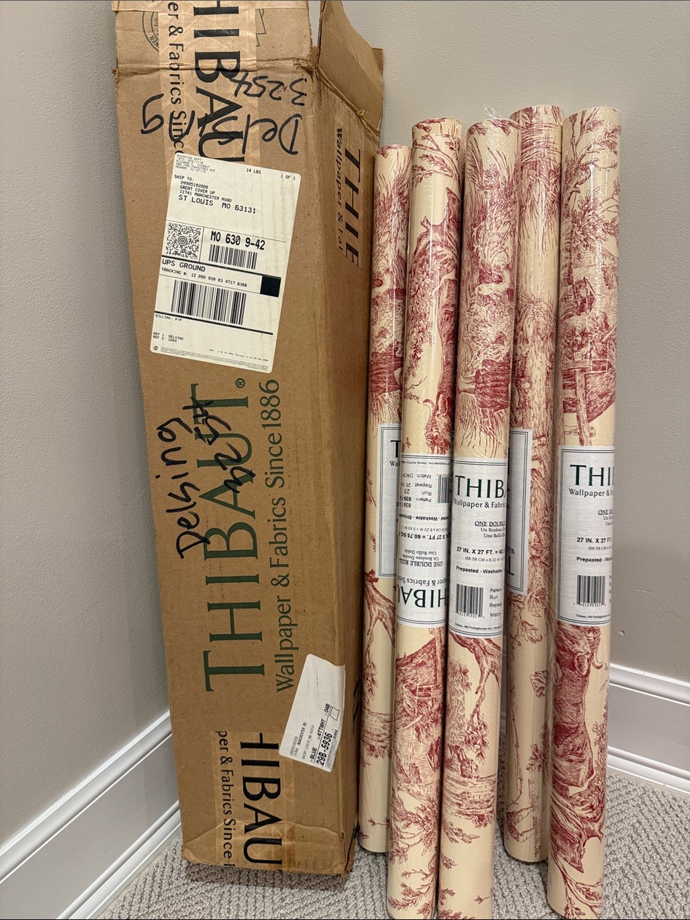 THIBAUT Red Toile Wallpaper - 7 double rolls NWT